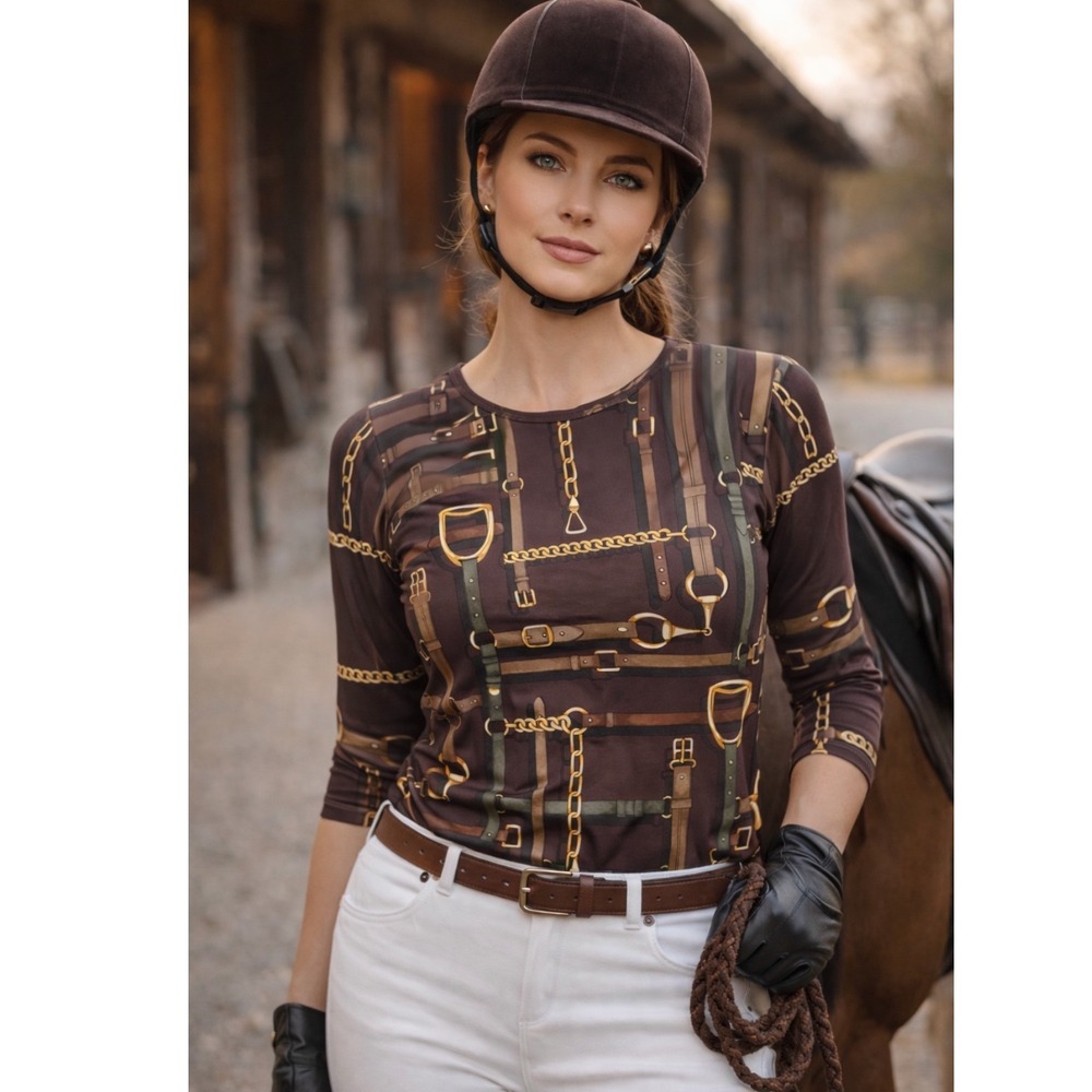 J McLaughlin Womens Long Sleeve Top Brown Leather Buckle Chain Print Size L.‎ Mm